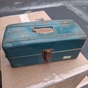 Vintage Union Steel Chest Corp No 5413 Metal Tool Box Teal Blue 2-Tray Patina